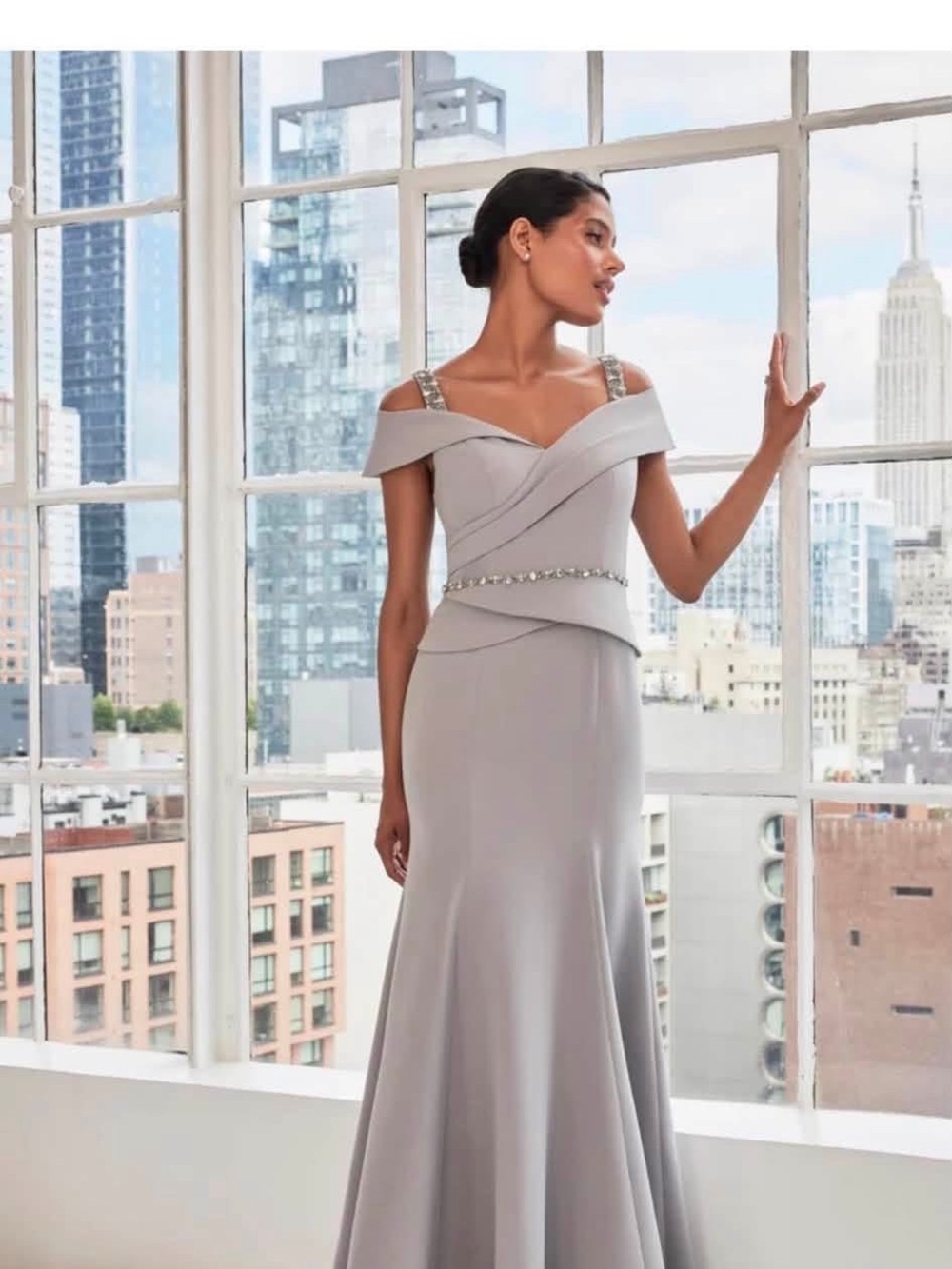 Jovani Silver-Gray One-Shoulder Evening Gown with Jeweled Straps